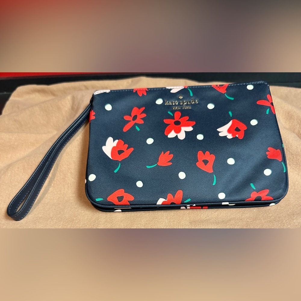Kate Spade NWOT Wristlet/Clutch Blue with Red, Pink, Green Flowers & White Dots